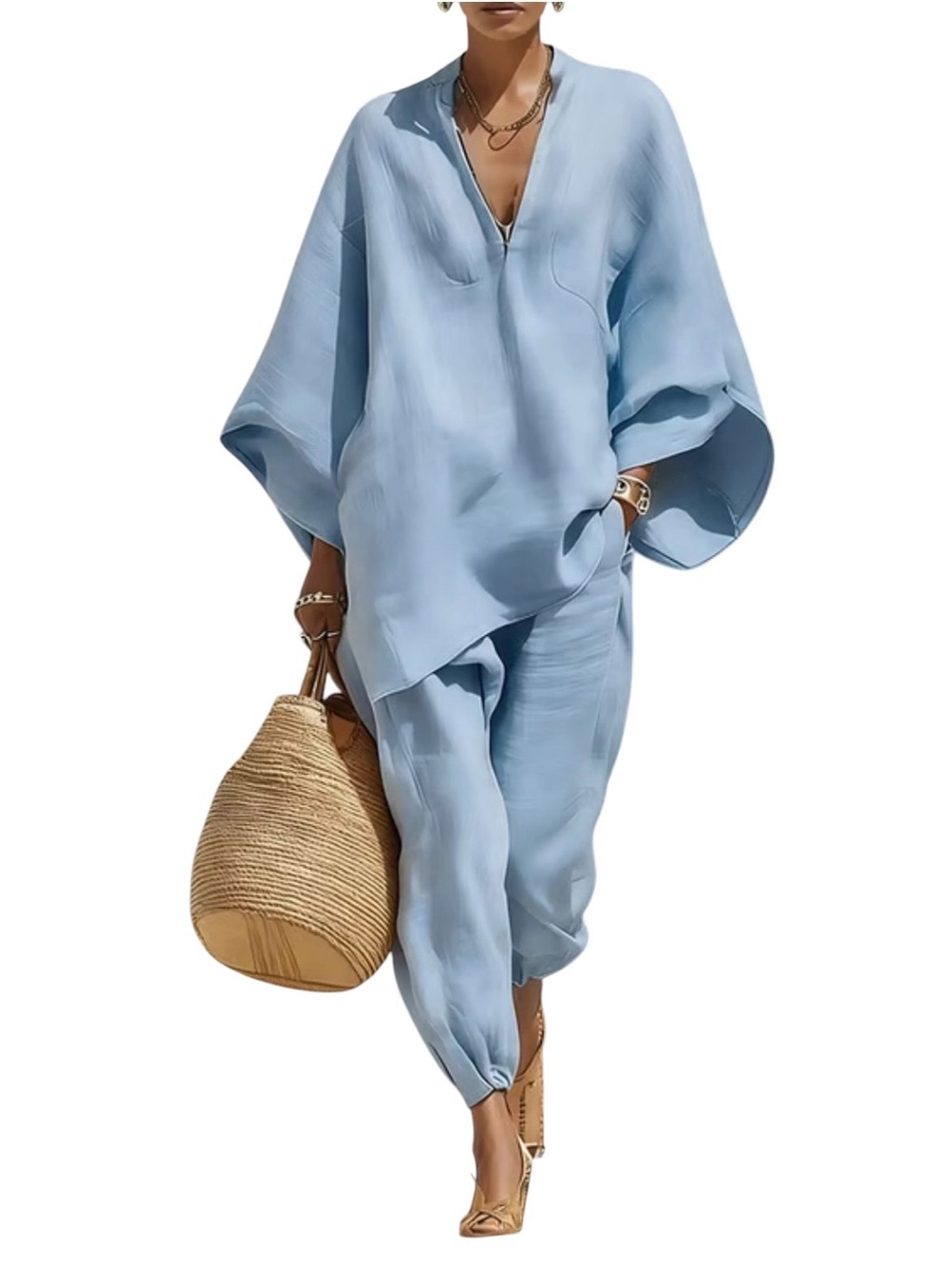 Cruise Resort Wear 2 Piece Pale Blue Pants Outfit New M